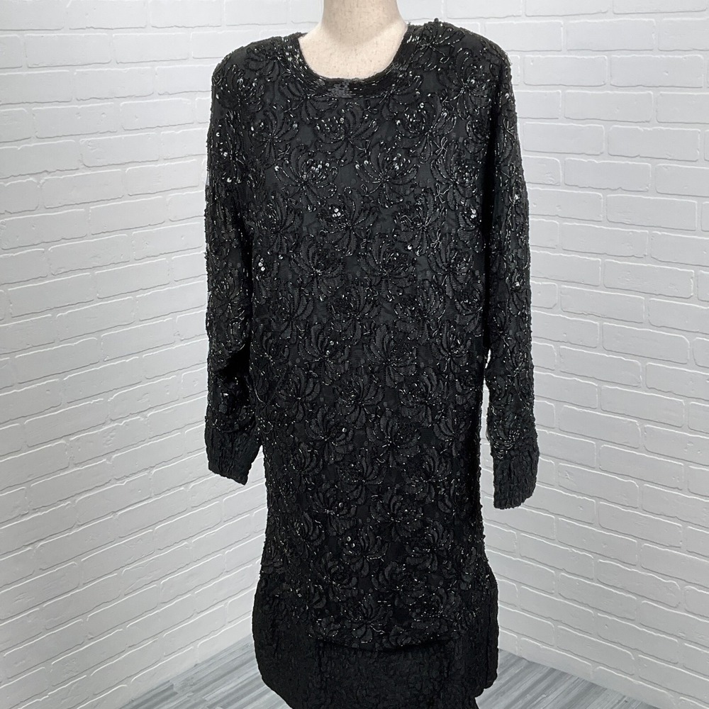 Scala Dress Women Small Black All Over Bead Sequin Sheath Modest Formal VTG‎
